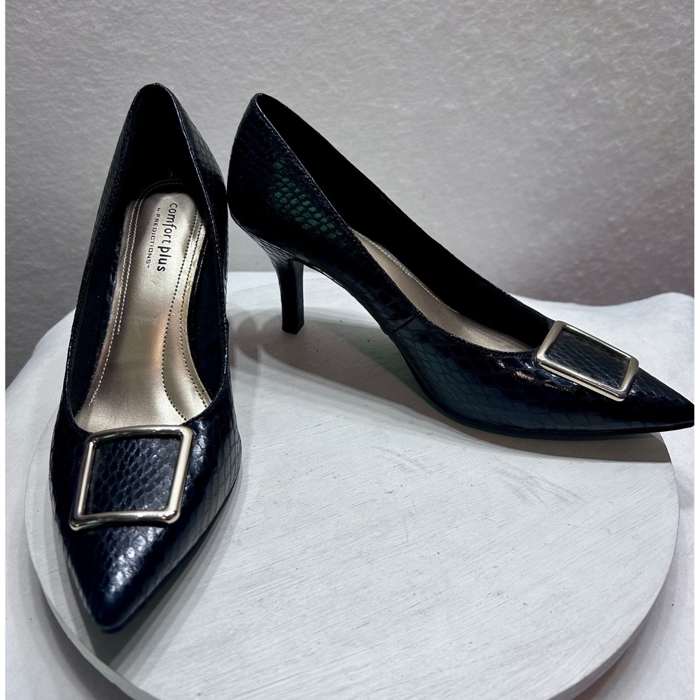 Comfort Plus by Predictions Black Snakeskin Buckle Pumps Kitten Heels 7.5